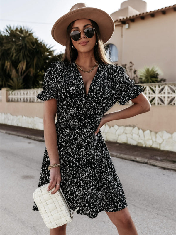 Casual Dresses- Summer Button-Up Puff Sleeve Mini Dress in Chips Print- Chuzko Women Clothing