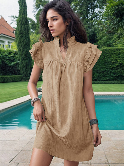 Casual Dresses- Summer Textured V-Neck Tunic Dress with Short Sleeves- Chuzko Women Clothing