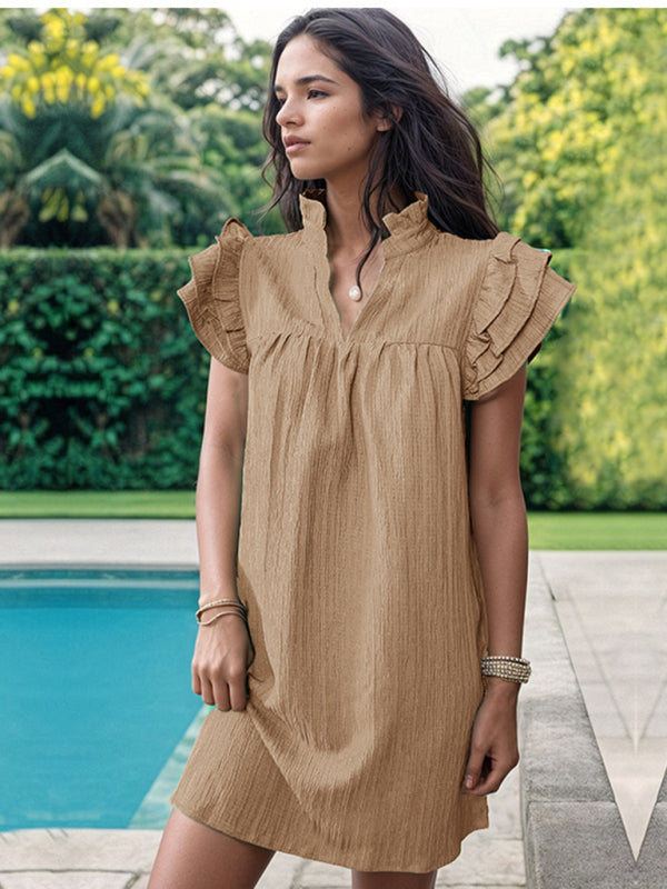 Casual Dresses- Summer Textured V-Neck Tunic Dress with Short Sleeves- Chuzko Women Clothing