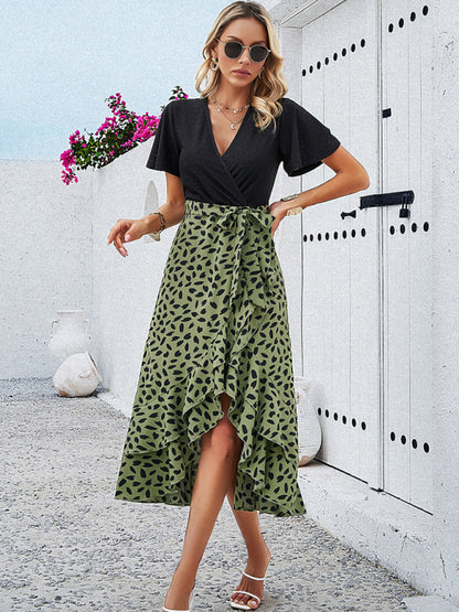 Casual Dresses- Surplice Tie-Belt Midi Dress in Contrast Leopard Print and Knit- Chuzko Women Clothing