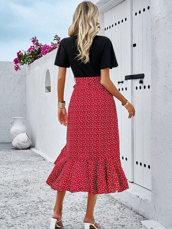 Casual Dresses- Surplice Tie-Belt Midi Dress in Contrast Leopard Print and Knit- Chuzko Women Clothing