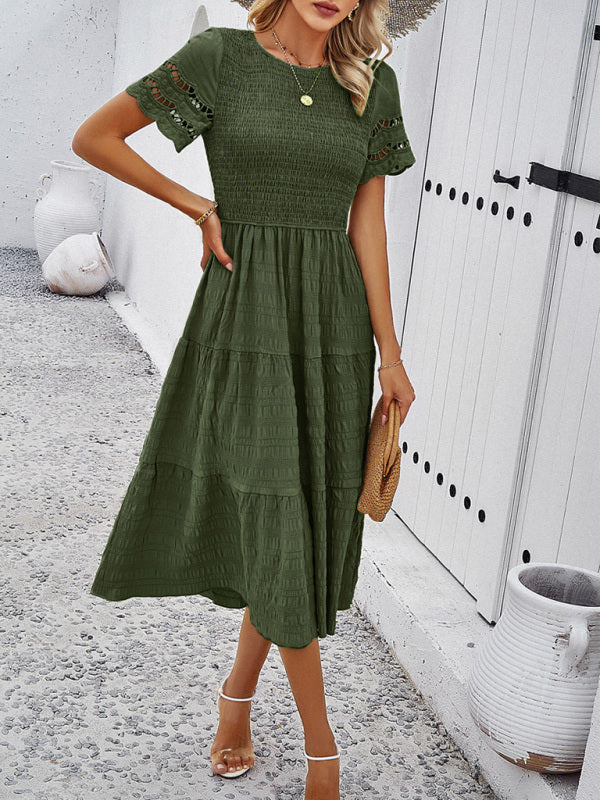 Casual Dresses- Textured Tiered Smocked Midi Dress with Lace Short Sleeves- Chuzko Women Clothing