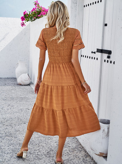 Casual Dresses- Textured Tiered Smocked Midi Dress with Lace Short Sleeves- Chuzko Women Clothing