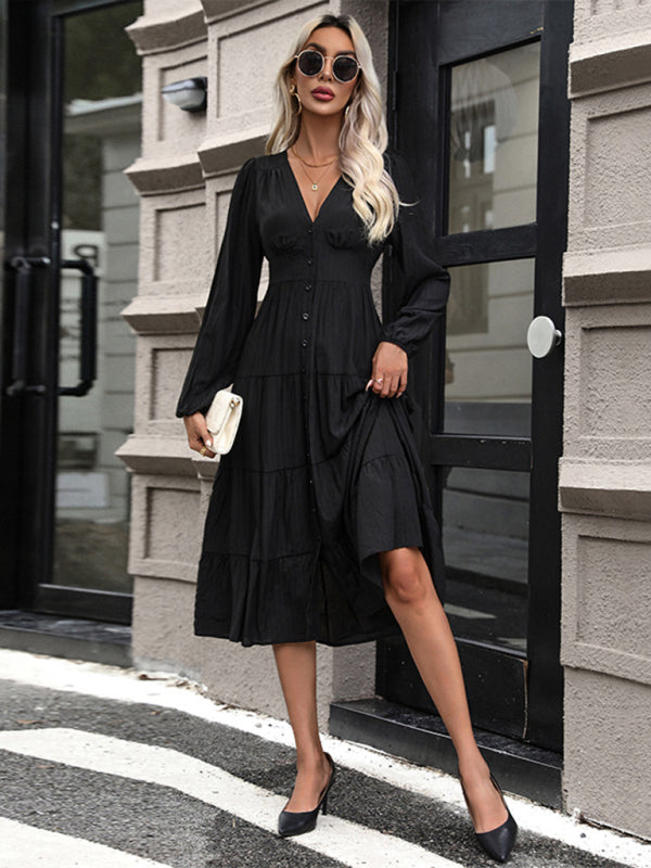 Casual Dresses- Tiered Solid A-Line Button-Up Midi Dress with Long Sleeves- Chuzko Women Clothing