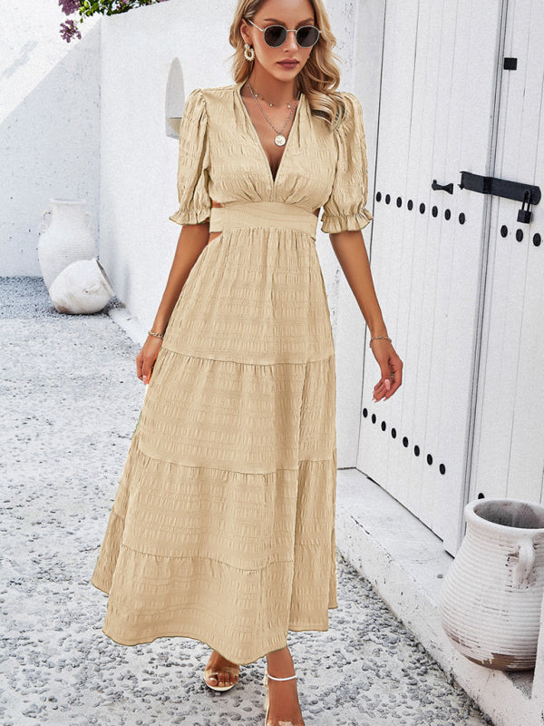 Casual Dresses- Tiered Textured A-Line Midi Dress with Open Back and Puff Sleeves- Chuzko Women Clothing