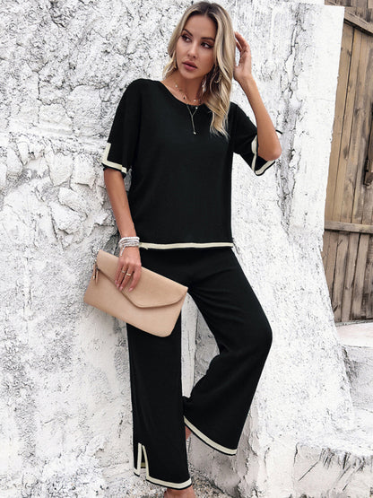 Casual Outfits- Contrast Binding 2-Piece Short Sleeve Pullover & Slit Pants- Chuzko Women Clothing