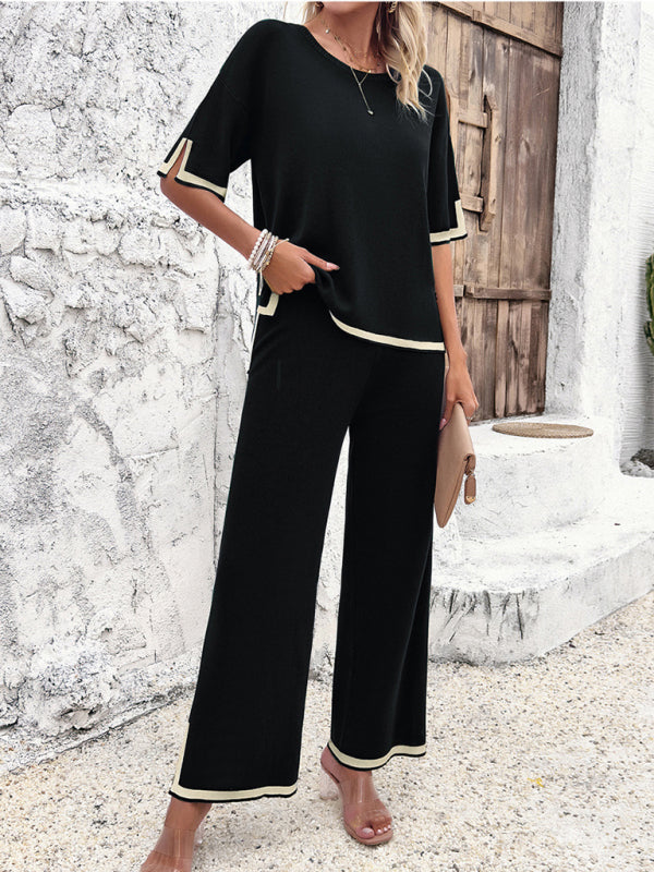 Casual Outfits- Contrast Binding 2-Piece Short Sleeve Pullover & Slit Pants- Chuzko Women Clothing