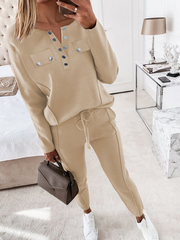 Casual Outfits- Cozy Combo Cotton Blend Pencil Pants + Fancy Button Pullover- Chuzko Women Clothing