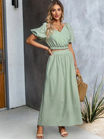 Casual Outfits- Solid Summer 2-Piece Set | Short Puff Sleeves Top & Maxi Skirt- Chuzko Women Clothing