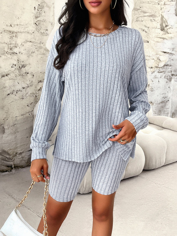 Casual Outfits- Women's Loungewear 2-Piece Ribbed Pullover and Biker Shorts- Chuzko Women Clothing
