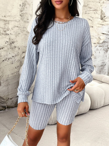 Casual Outfits- Women's Loungewear 2-Piece Ribbed Pullover and Biker Shorts- Chuzko Women Clothing