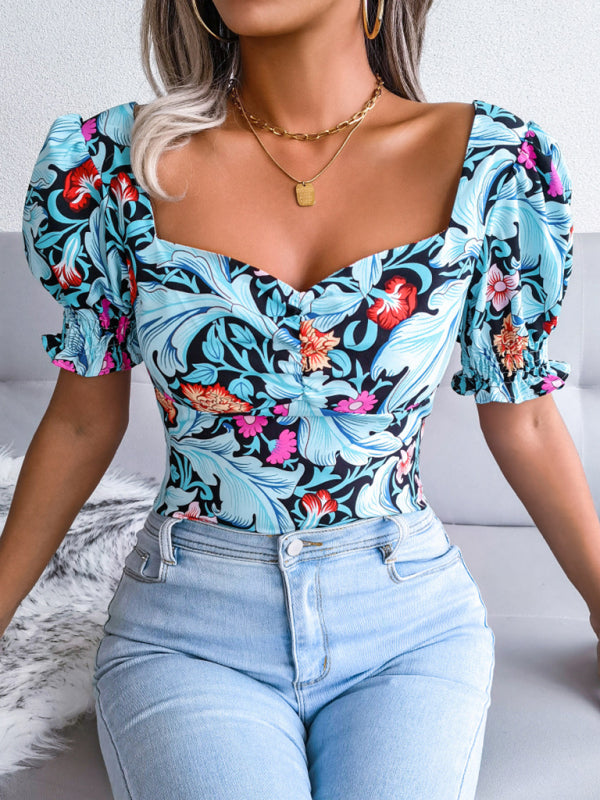 Casual Tops- Floral Fitted Blouse with Adjustable Smocked Back- Chuzko Women Clothing