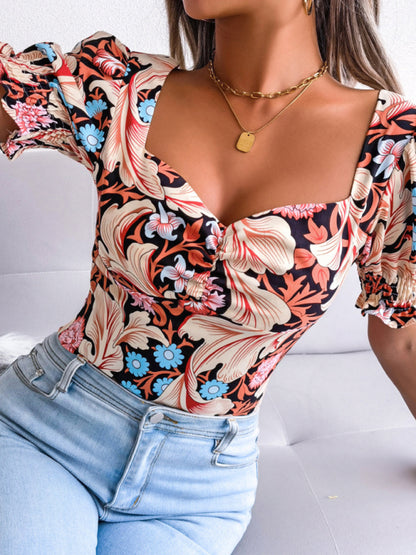 Casual Tops- Floral Fitted Blouse with Adjustable Smocked Back- Chuzko Women Clothing