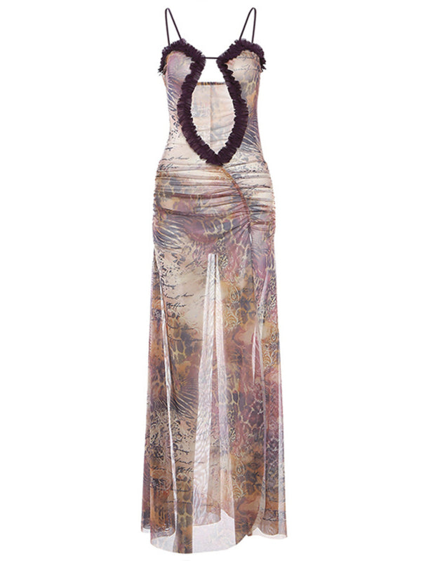 Clubbing Dresses- Runway-Inspired Dark Print See-Through Cutout Slit Maxi Dress- - Chuzko Women Clothing