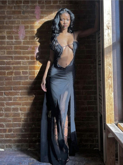 Clubbing Dresses- Runway-Inspired Dark Print See-Through Cutout Slit Maxi Dress- - Chuzko Women Clothing