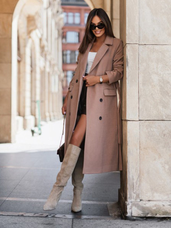 Coats- Belted Double-Breasted Trench Coat- Chuzko Women Clothing
