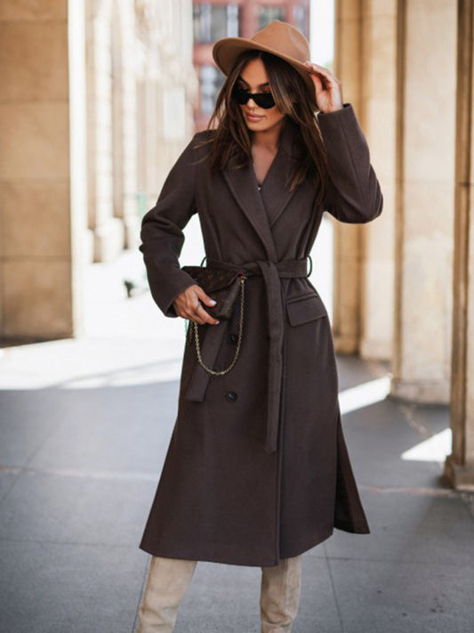 Coats- Belted Double-Breasted Trench Coat- Chuzko Women Clothing
