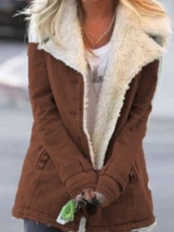 Coats- Cozy Mid-Length Faux Fur Coat | Notch Lapel Winter Jacket- Chuzko Women Clothing