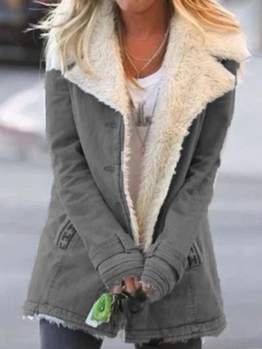 Coats- Cozy Mid-Length Faux Fur Coat | Notch Lapel Winter Jacket- Chuzko Women Clothing