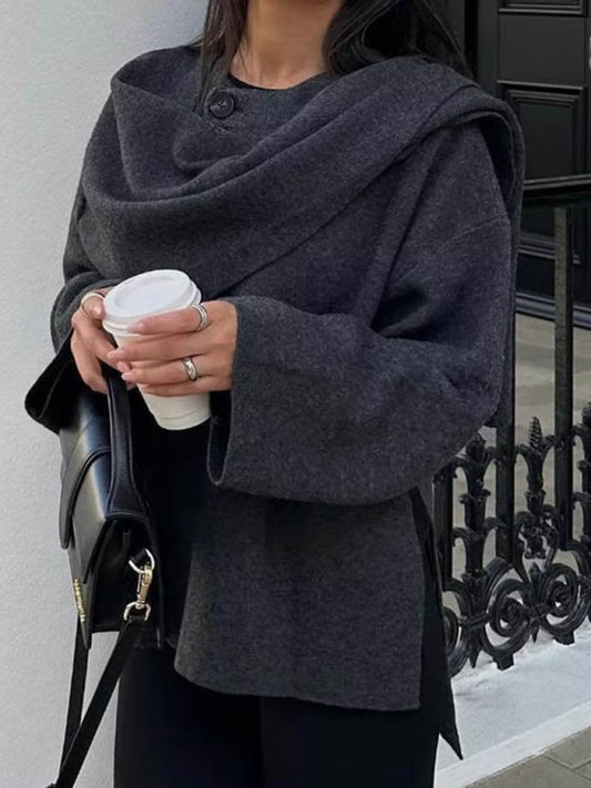 Coats- Cozy Winter Scarf Coat with Faux Lamb Wool Shawl- Chuzko Women Clothing