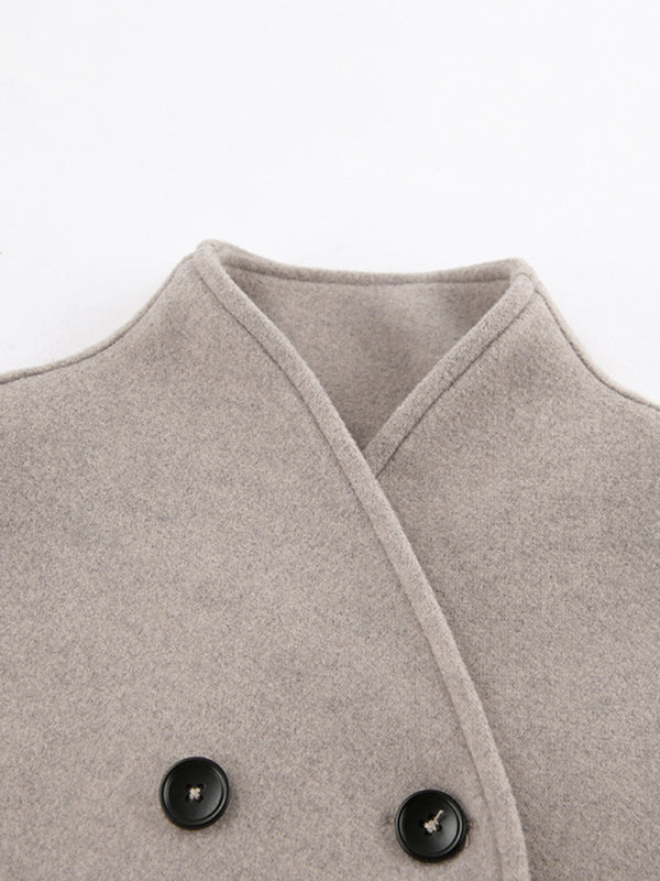 Coats- Double Breasted Coat | Woolen Surplice Jacket- Chuzko Women Clothing