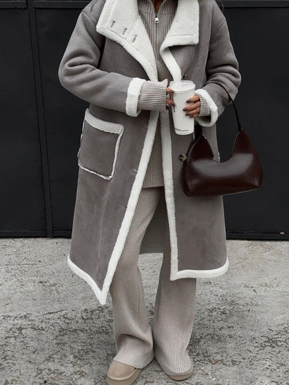 Coats- Faux Wool Longline Coat | Winter's Teddy Bear Patched Coat- Chuzko Women Clothing