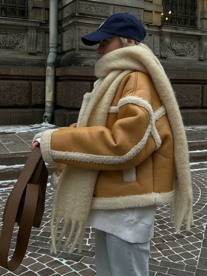 Coats- Plush Patchwork Double Breasted Winter Coat | Teddy Bear Lapel Jacket- Chuzko Women Clothing