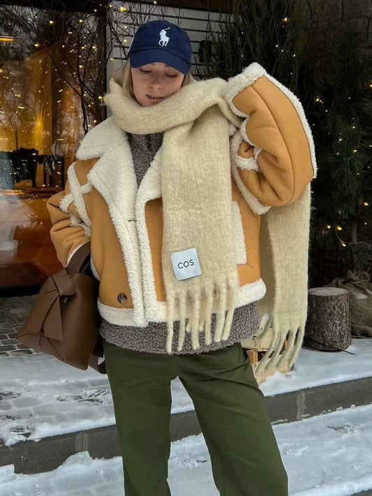 Coats- Plush Patchwork Double Breasted Winter Coat | Teddy Bear Lapel Jacket- Chuzko Women Clothing