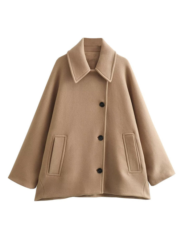 Coats- Winter Cozy Single Breasted Coat | Solid Oversized Collared Jacket- Chuzko Women Clothing