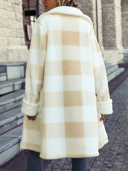 Coats- Winter Mid-Length Teddy Bear Coat | Cozy Plaid Plush Jacket with Handy Pockets- Chuzko Women Clothing