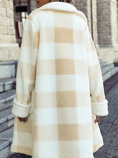 Coats- Winter Mid-Length Teddy Bear Coat | Cozy Plaid Plush Jacket with Handy Pockets- Chuzko Women Clothing