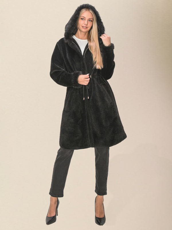 Coats- Winter Plush Thick Faux Fur Hooded Zip-Up Coat- Chuzko Women Clothing
