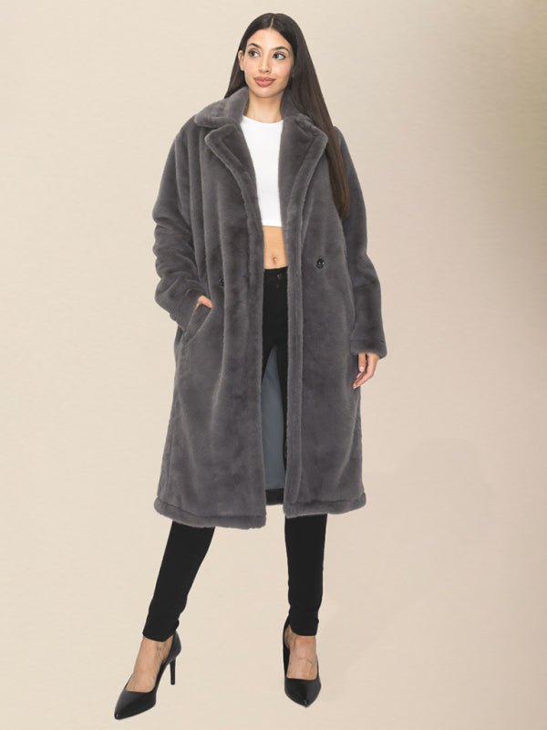 Coats- Winter Thick Faux Fur Lapel Coat with Pockets- Chuzko Women Clothing