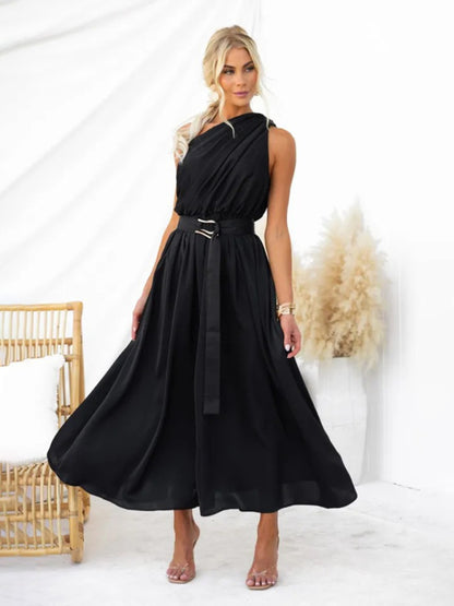 Elegant Belted One Shoulder Midi Dress