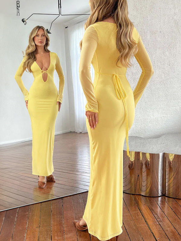 Cocktail Dresses- Elegant Mesh Sleeves Cutout Plunge Maxi Dress- Chuzko Women Clothing