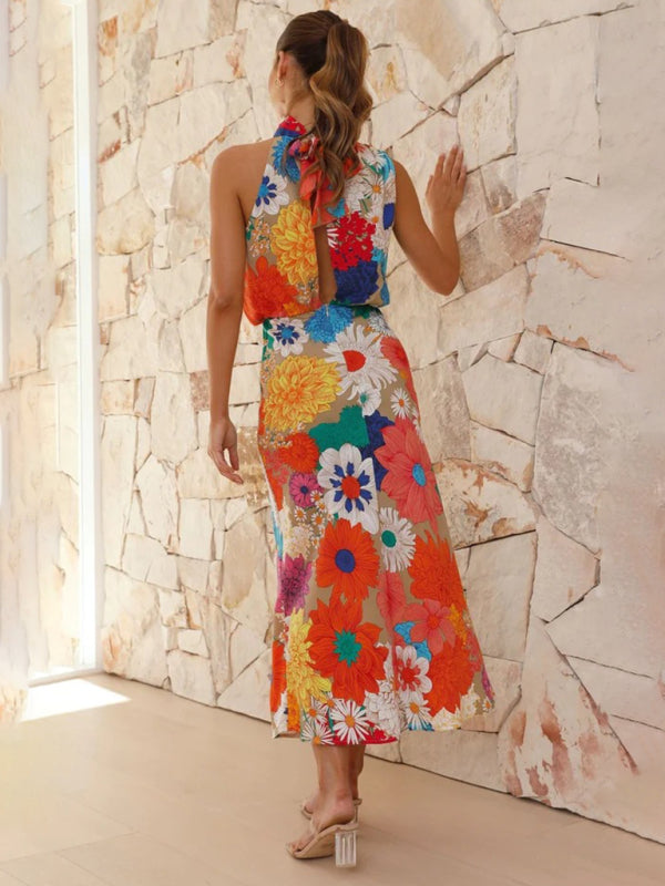 Floral Elegant Stand Halterneck Blouson Midi Dress
