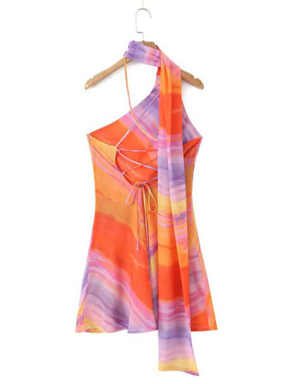 Multicolor Cocktail A-Line Dress with Halter Scarf & Lace-Up Back