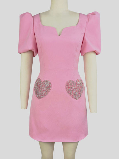 Vintage =Cocktail Mini Dress with Puff Sleeves & Sparkling Love Patch