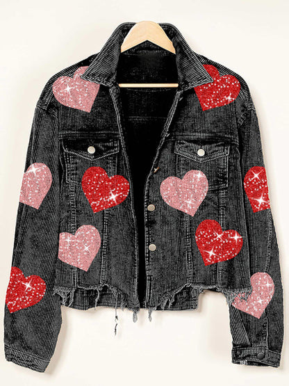 Corduroy Jackets- Fall in Love Corduroy Print Shirt Jacket | Urban Distressed Shacket- Chuzko Women Clothing