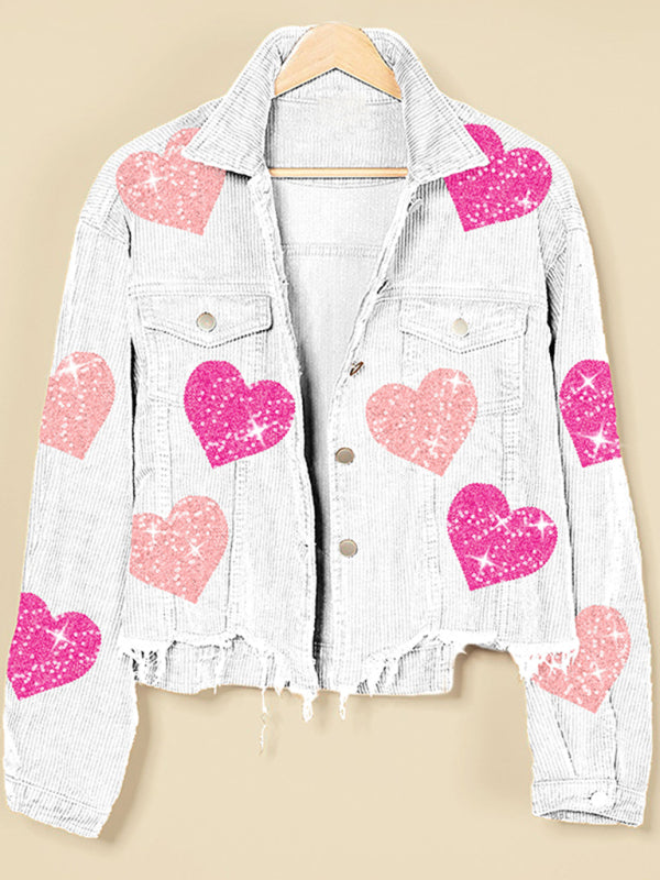 Corduroy Jackets- Fall in Love Corduroy Print Shirt Jacket | Urban Distressed Shacket- Chuzko Women Clothing