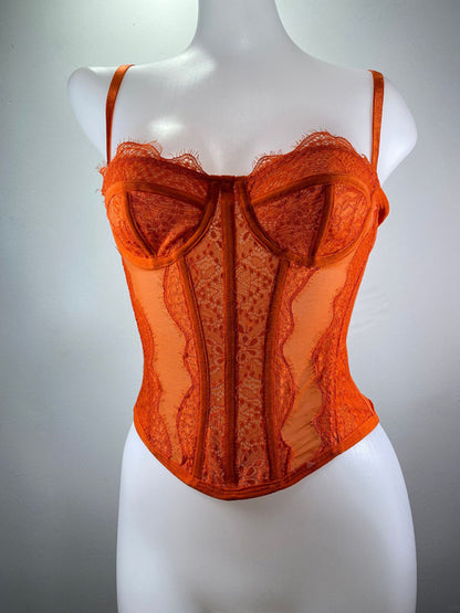 Corset Tops- Lace Corset Bustier - Sweetheart Cami Bra Top- Orange- Chuzko Women Clothing