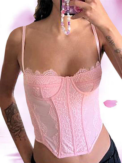 Corset Tops- Lace Corset Bustier - Sweetheart Cami Bra Top- Pink- Chuzko Women Clothing