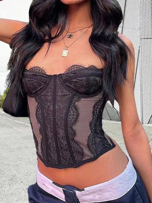 Corset Tops- Lace Corset Bustier - Sweetheart Cami Bra Top- - Chuzko Women Clothing