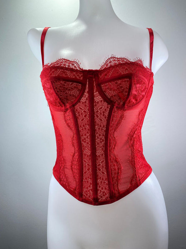 Corset Tops- Lace Corset Bustier - Sweetheart Cami Bra Top- Red- Chuzko Women Clothing