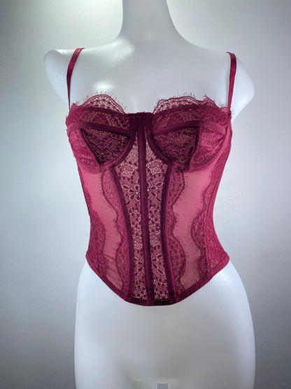 Corset Tops- Lace Corset Bustier - Sweetheart Cami Bra Top- Wine Red- Chuzko Women Clothing