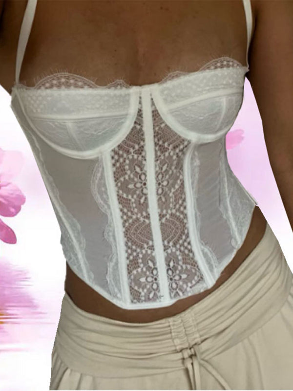 Corset Tops- Lace Corset Bustier - Sweetheart Cami Bra Top- White- Chuzko Women Clothing