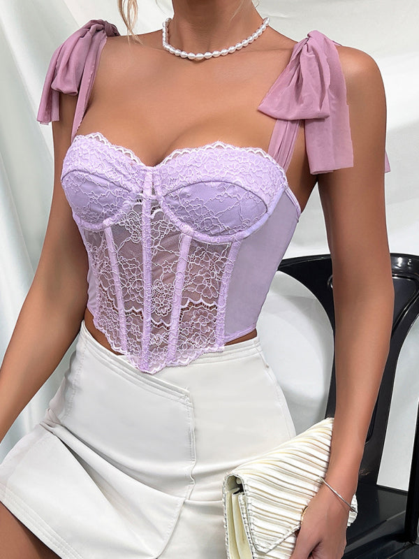 Corsets- Vintage Lace Corset Cami Top with Elegant Tie-Shoulder Straps- - Chuzko Women Clothing