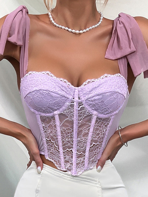 Corsets- Vintage Lace Corset Cami Top with Elegant Tie-Shoulder Straps- Purple- Chuzko Women Clothing