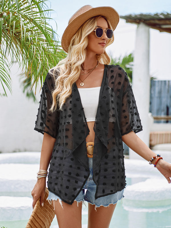 Open Front Cascade Blouse - Semi-Sheer Cover-Up with 3/4 Sleeves