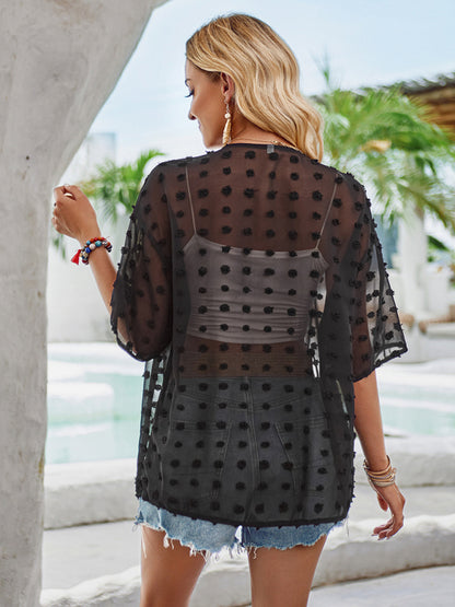 Open Front Cascade Blouse - Semi-Sheer Cover-Up with 3/4 Sleeves